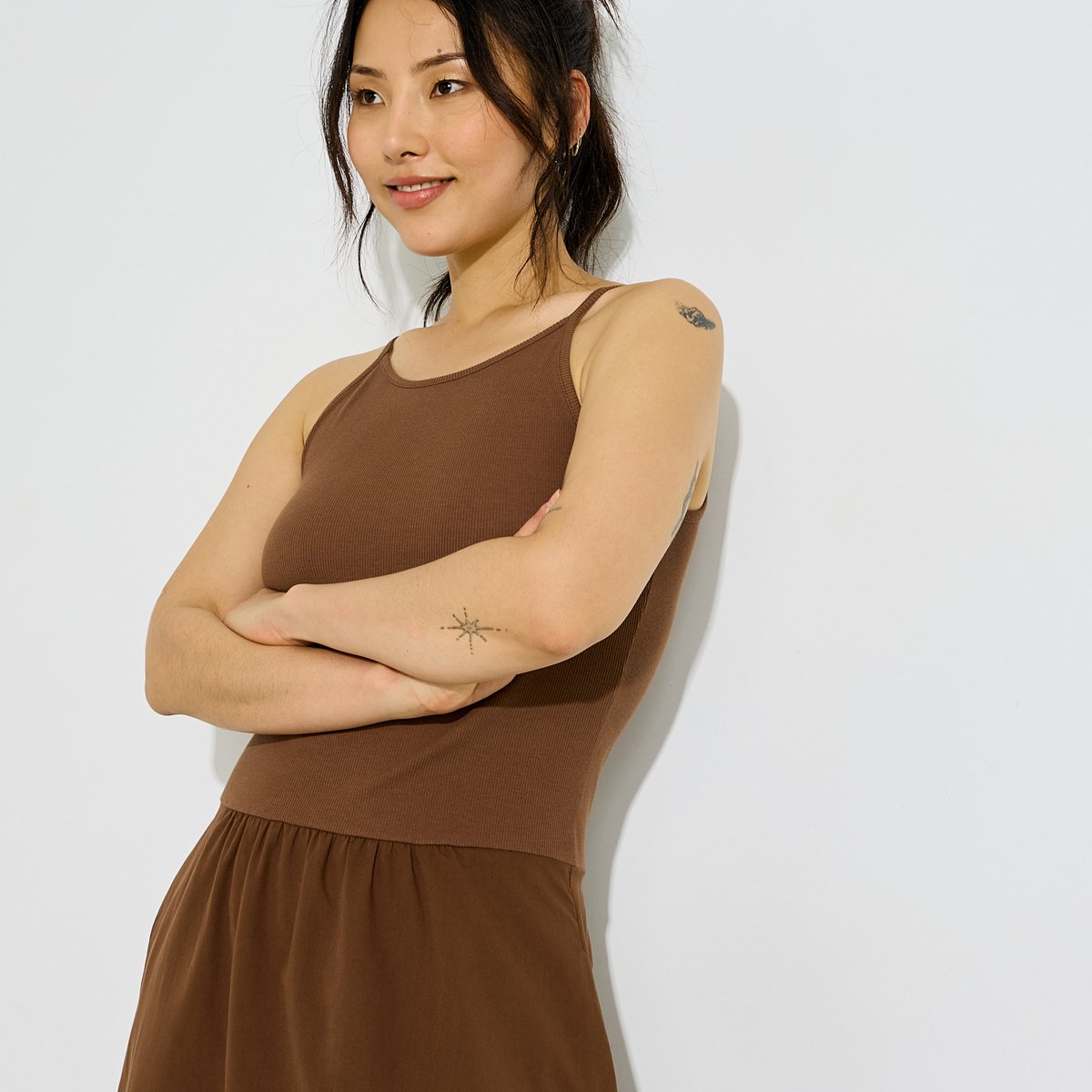 Robe longue bi-matière à fines bretelles marron, GRAIN DE MALICE