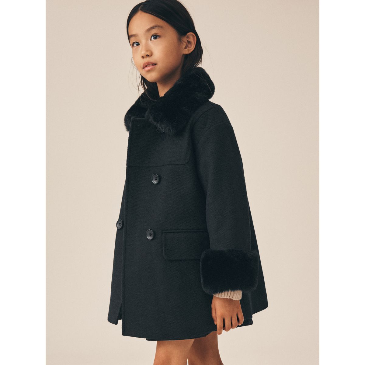 Manteau en laine bordée de imitation fourrure noir, NEXT