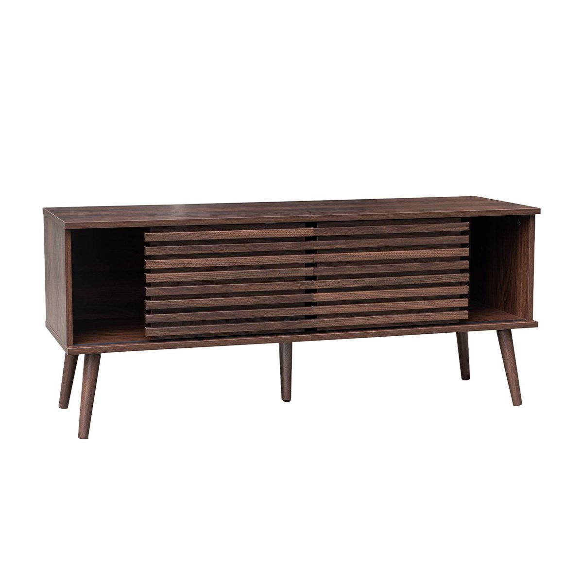 Meuble TV scandinave décor bois rainuré 2 portes 120cm MADERE naturel, SWEEEK