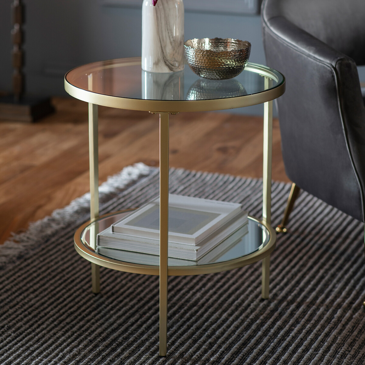 Hana Luxe Round Glass & Mirror Two Tier Side Table champagne, ÉDITÉ