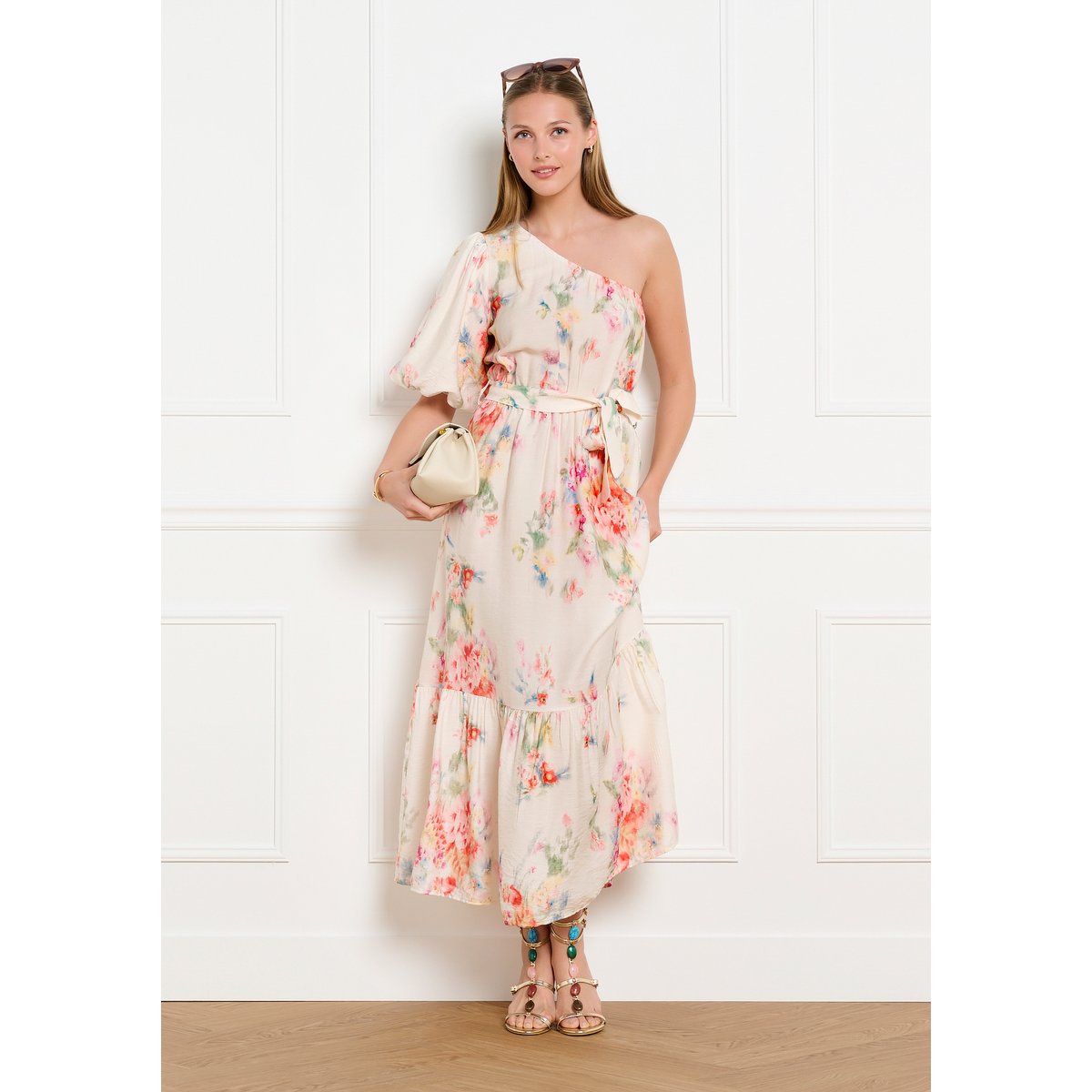Robe midi asymétrique fluide blanc vanille, LOLALIZA
