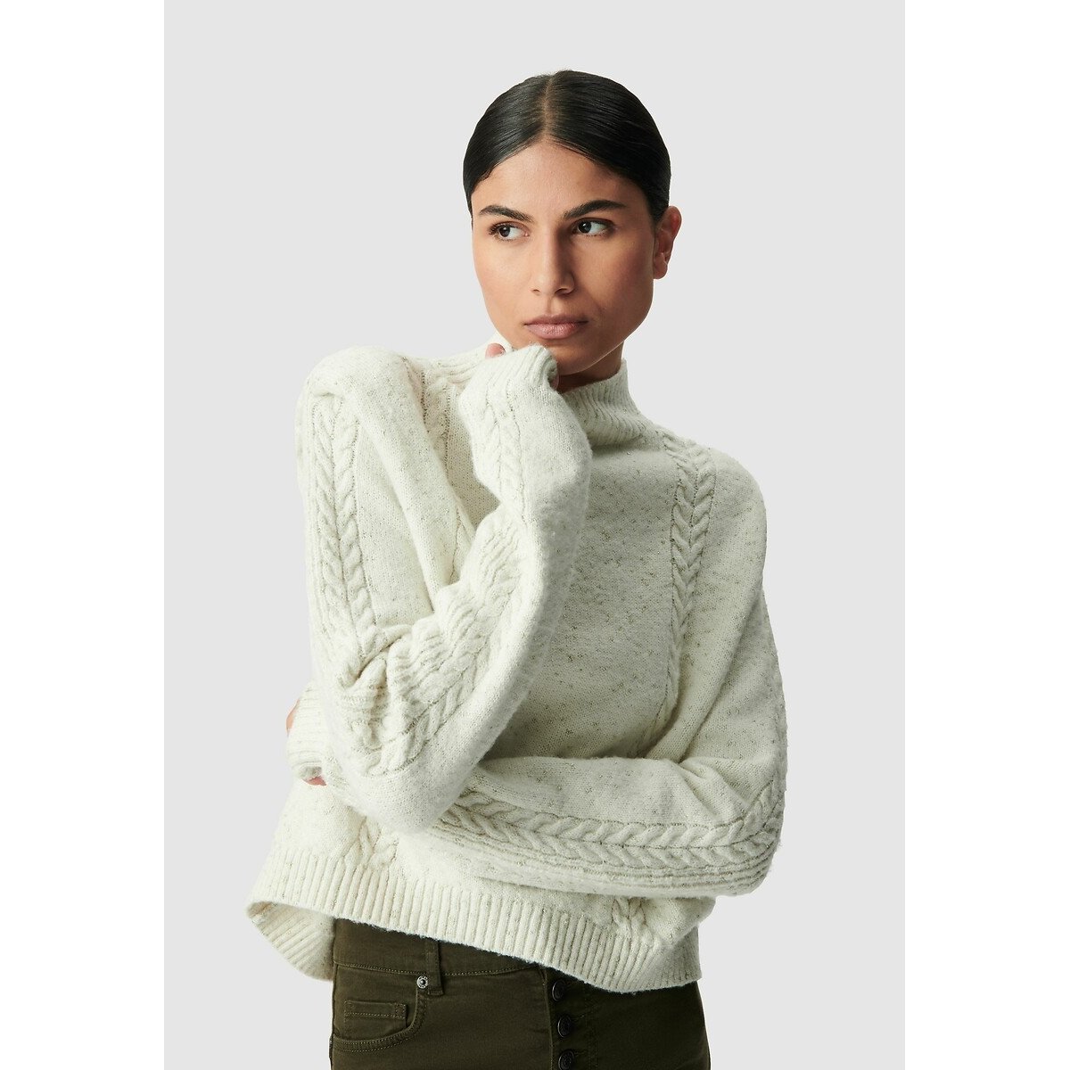 Long Sleeve Cable Knit Jumper with High Neck ecru , IKKS