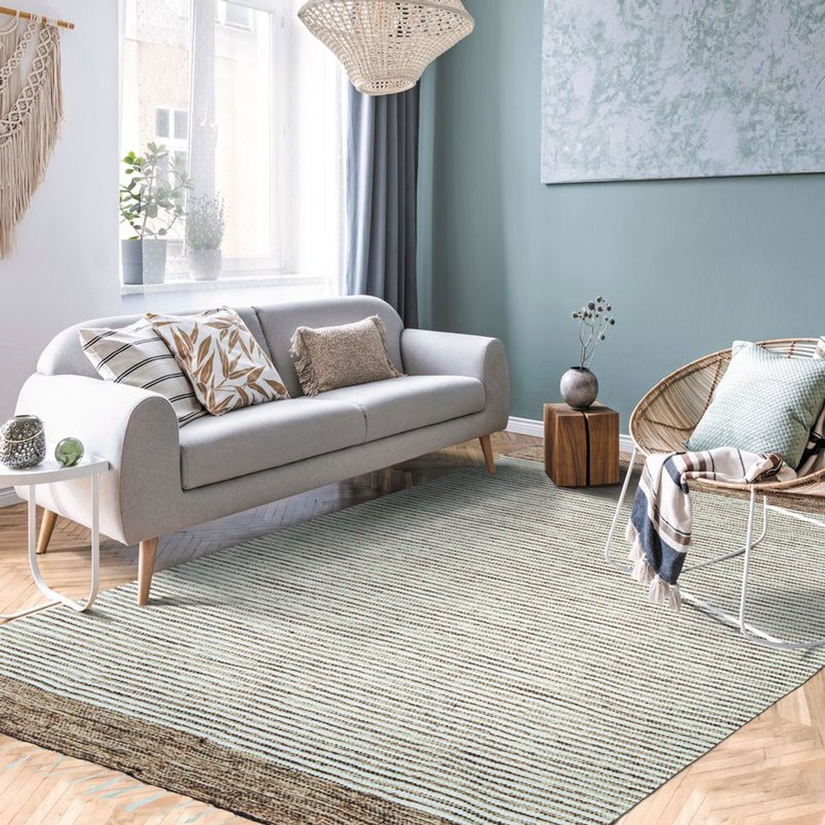Tapis salon artisanal en coton gris blanc, THE DECO FACTORY