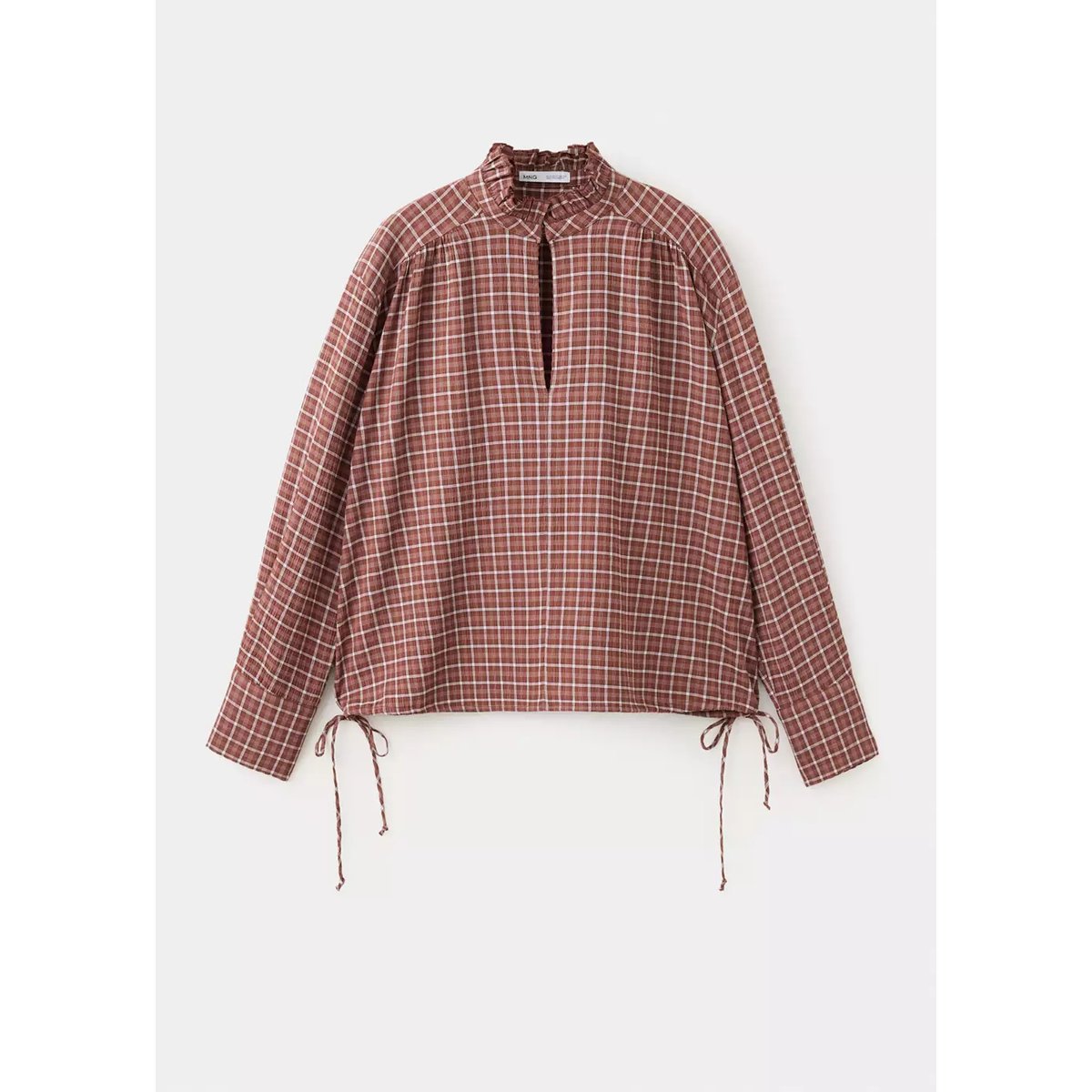 Blouse à carreaux col en V marron, MANGO