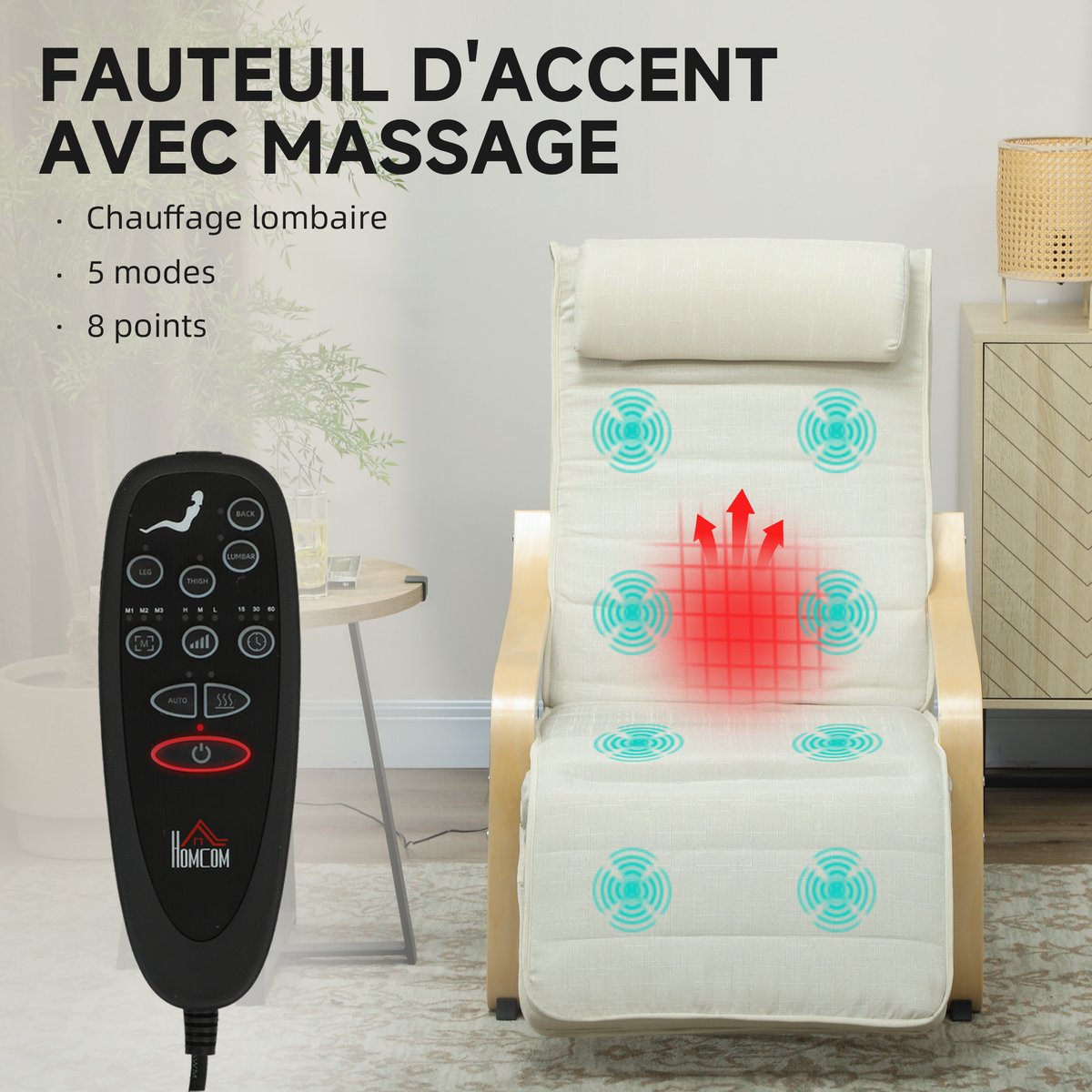 Accent Chair Lin Blanc crème, bois naturel, HOMCOM