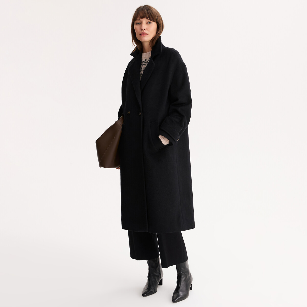 Manteau long, fermeture boutonnée, drap de laine noir, ANNE WEYBURN