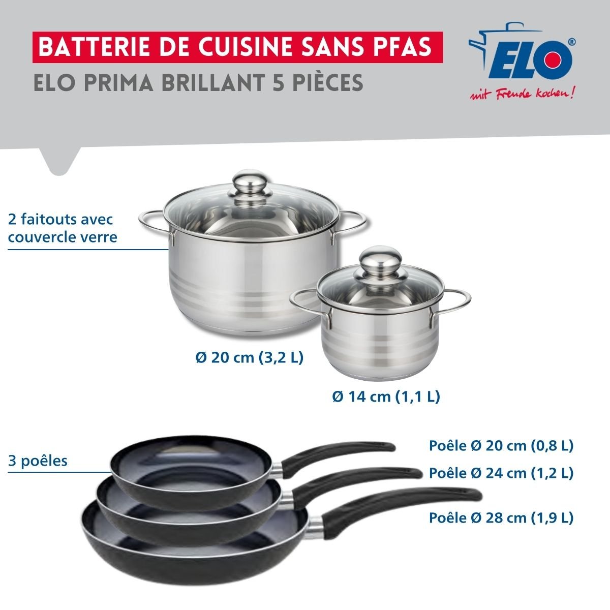 Batterie 3 poêles 20/24/28cm + 2 faitouts 14/20cm PRIMA BRILLANT noir, ELO