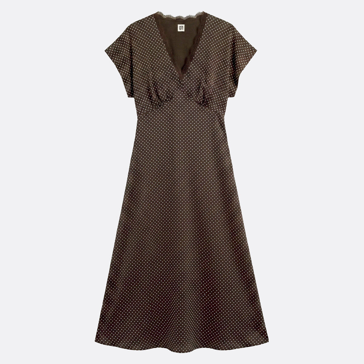 Robe longue à pois manches courtes en satin imprimé pois marron/écru, LA REDOUTE COLLECTIONS