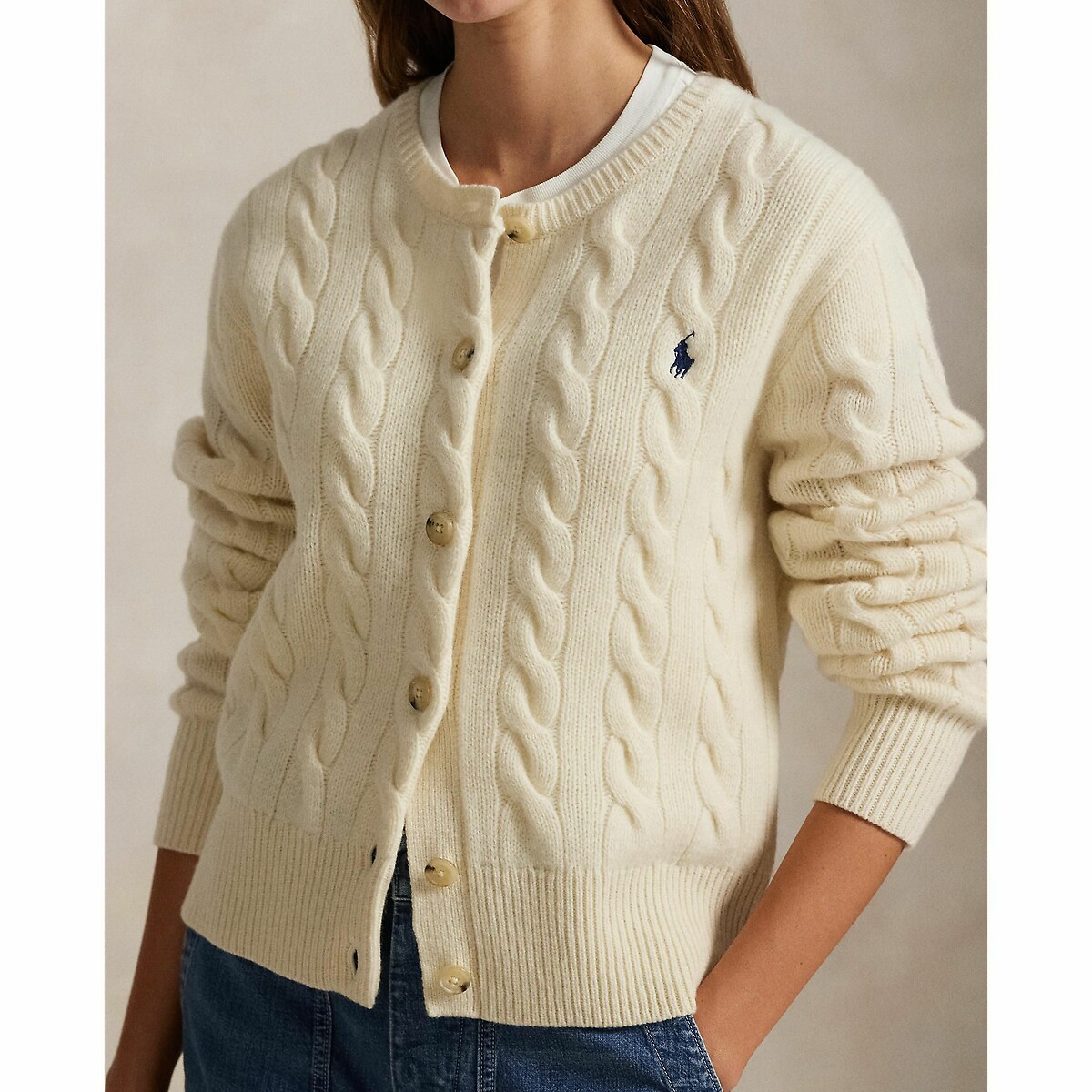 Cardigan en maille torsadée, 80% laine 20% cachemire crème, POLO RALPH LAUREN