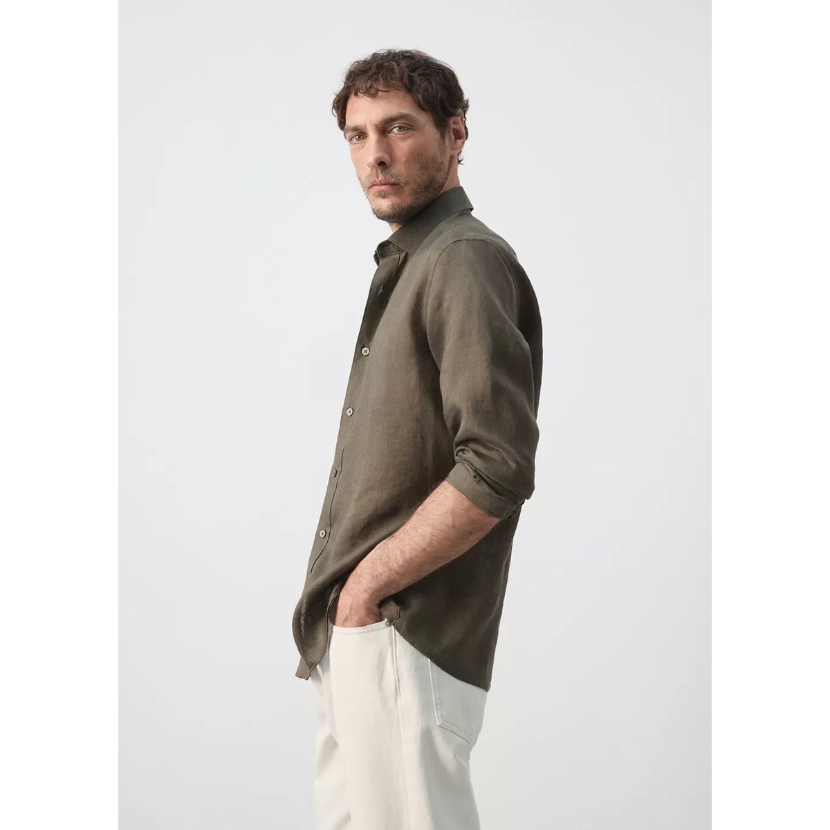Chemise regular fit 100 % lin vert moyen, MANGO MAN