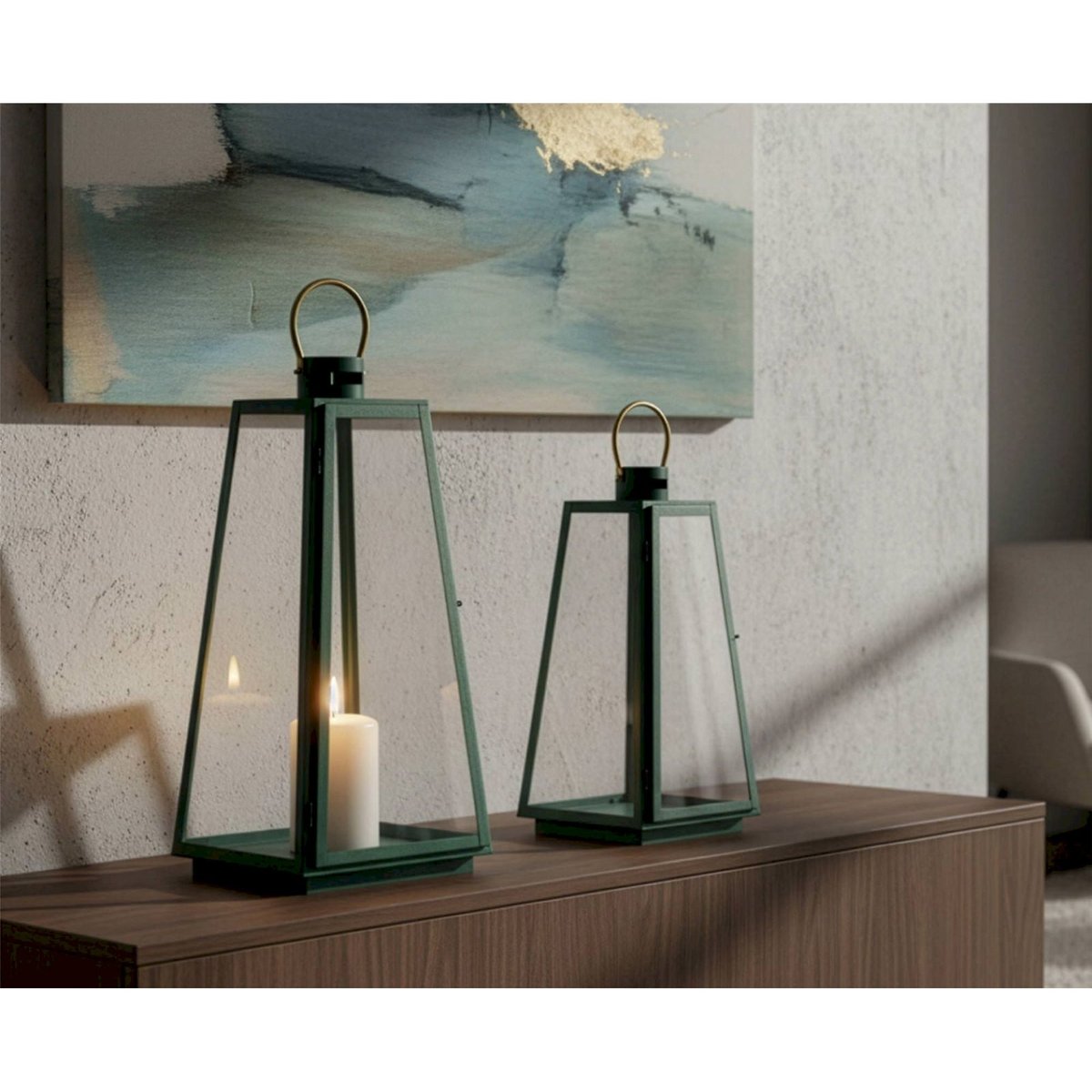 Lot de 2 lanternes en fer et verre GLAM vert et doré, RECOLLECTION