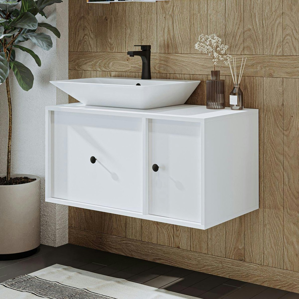 Vasque suspendue 1 porte 1 tiroir RIV blanc, PIER IMPORT