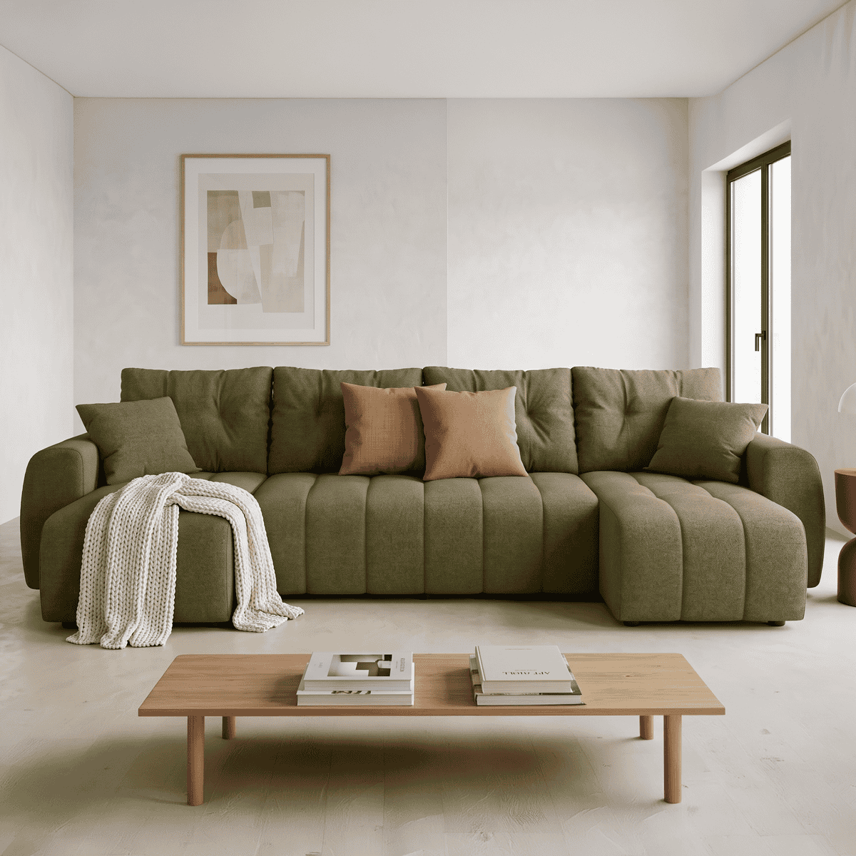 Canapé panoramique convertible 6 places en tissu chenille - ALBA vert olive, HOMIFAB