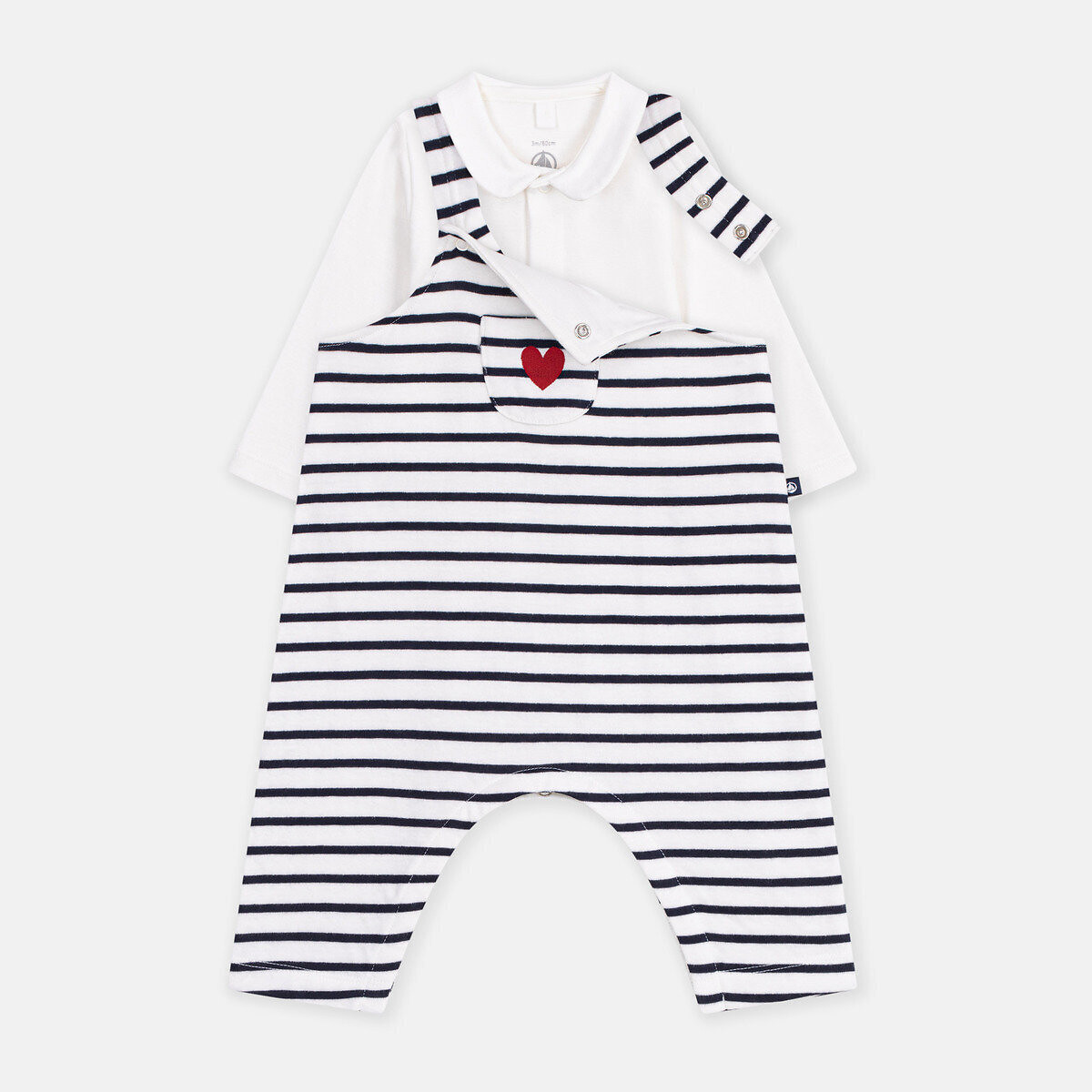 Set composto da salopette a righe e body in felpa, con motivo a cuori fantasia a righe + ecru, PETIT BATEAU