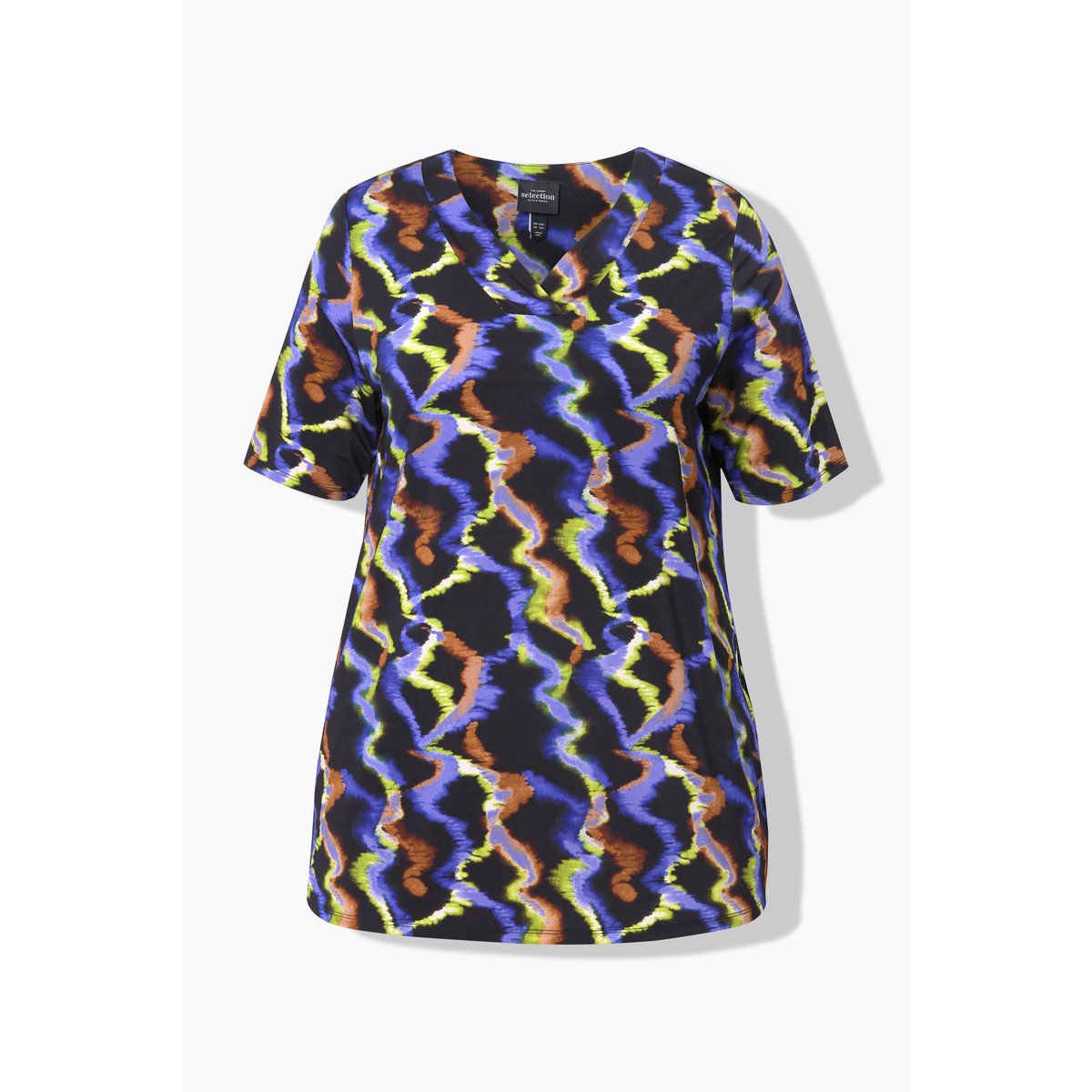 T-shirt au tombé fluide. Col V et manches noir, ULLA POPKEN