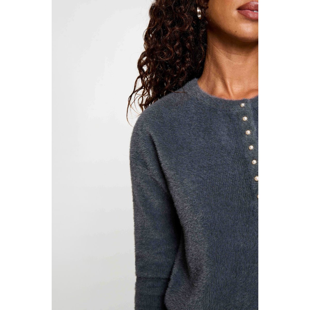 Pull col rond à boutons denim gris fonce, MORGAN