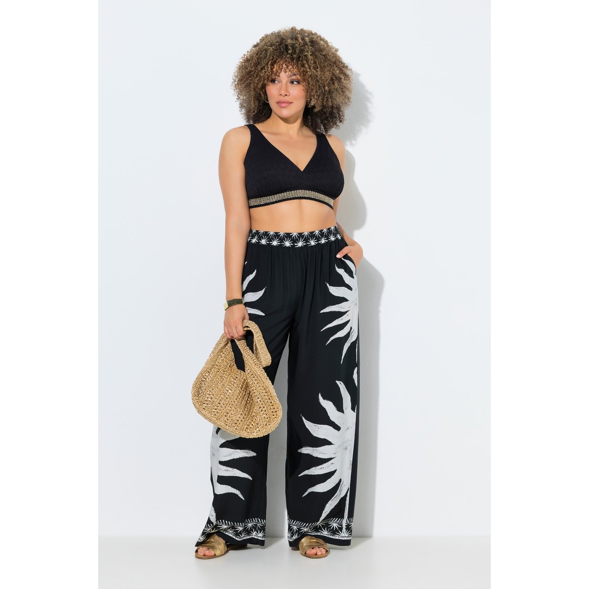 Pantalon palazzo, motif soleils noir, ULLA POPKEN