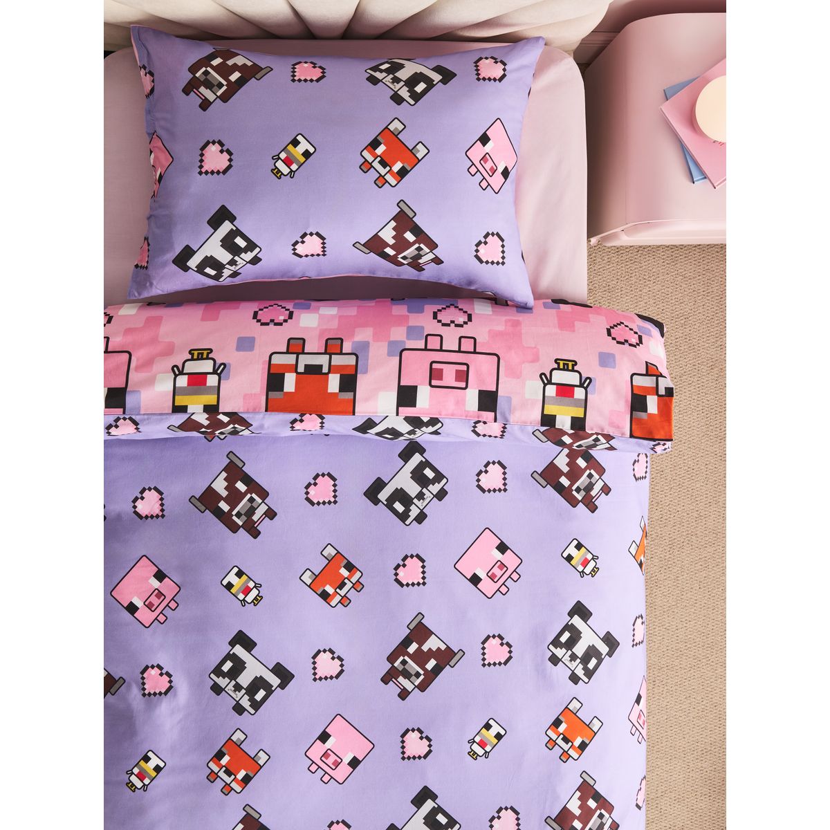 Housse de couette/taie d'oreiller minecraft rose, NEXT