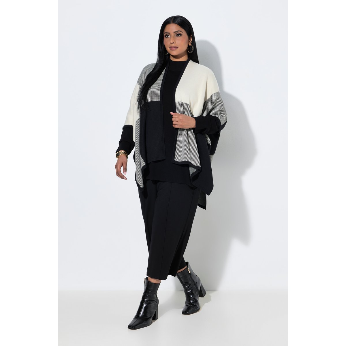 Poncho à carreaux, coupe ouverte noir, ULLA POPKEN