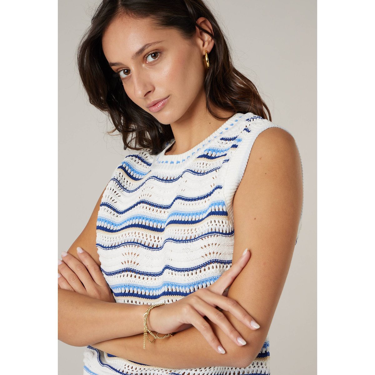 Pull sans manches femme en maille fantaisie SERJINE blue, DEELUXE