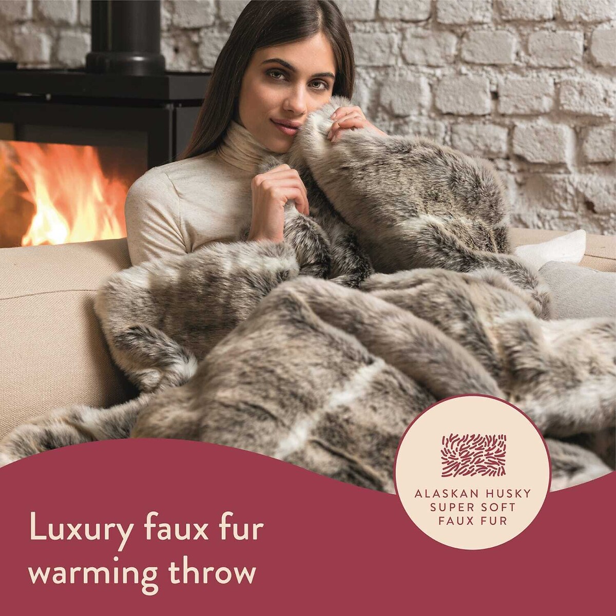 Intelliheat Faux Fur Heated Throw Alaskan Husky Print 120x160cm grey, DREAMLAND