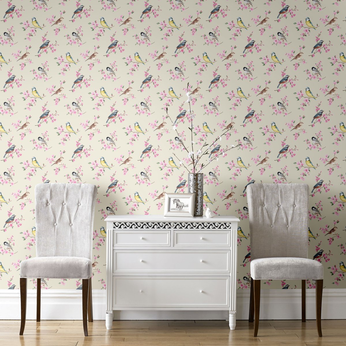Papier peint Oiseaux sur branches rose taupe, SUPERFRESCO EASY