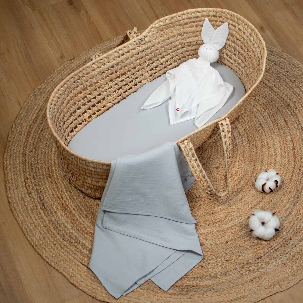 Drap housse couffin en double gaze à carreaux LUNA gris clair, SEVIRA KIDS