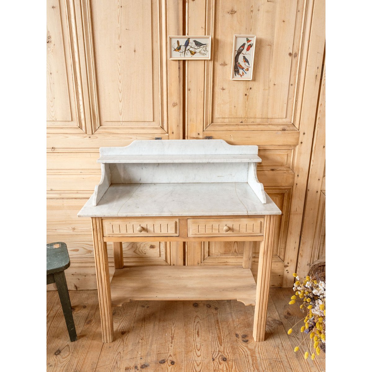 Coiffeuse en bois et marbre Louise N°331 - Bon état bois clair, DEBONGOUT