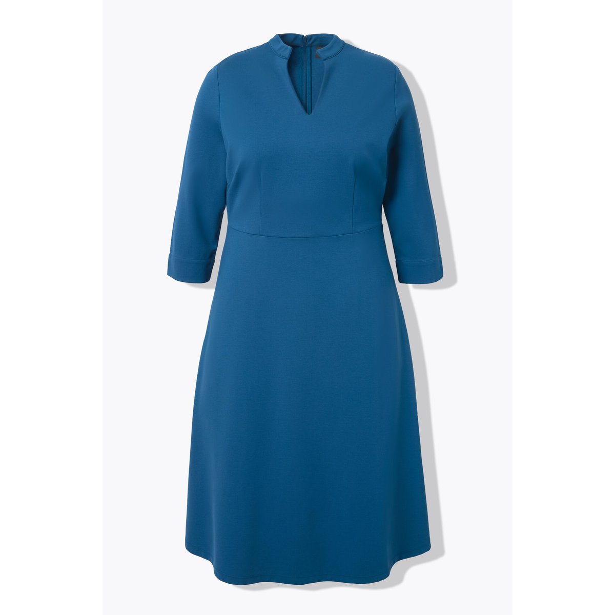Robe point de Rome, coupe évasée, col V bleu pétrole, ULLA POPKEN