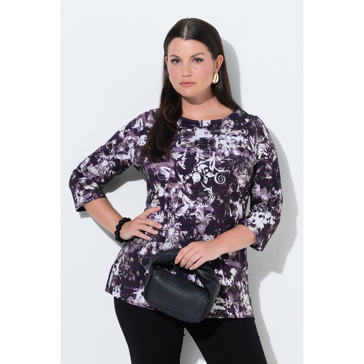 T-shirt en coton Pima. Petits strass. prune foncé, ULLA POPKEN