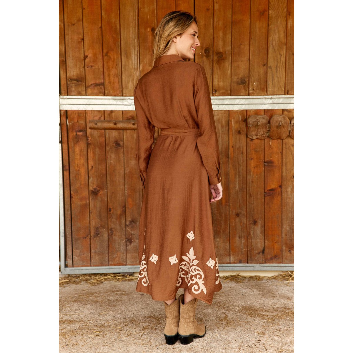 Robe longueur midi chemise imprimé broderie ROLINE 15-camel, LA PETITE ETOILE