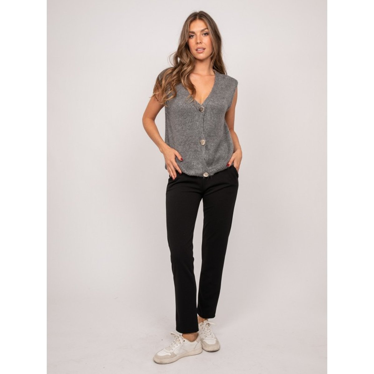 Gilet Sans Manches Maille Col V Profond Khoral gris, DONA LISA