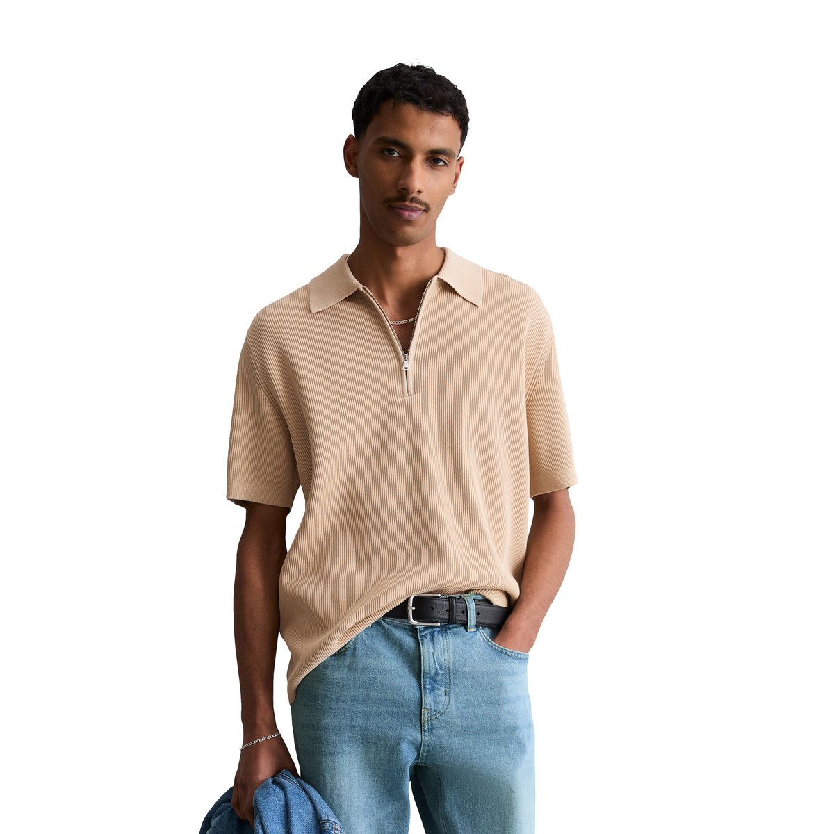 Polo en tricot régulier avec une structure finement côtelée beige, MARC O’POLO DENIM