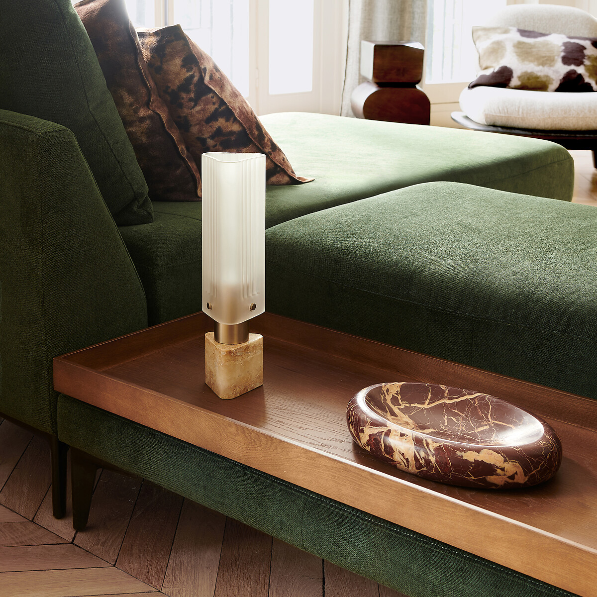 Lampe verre et travertin, STROZZI champagne, AM.PM X EMMANUEL GALLINA