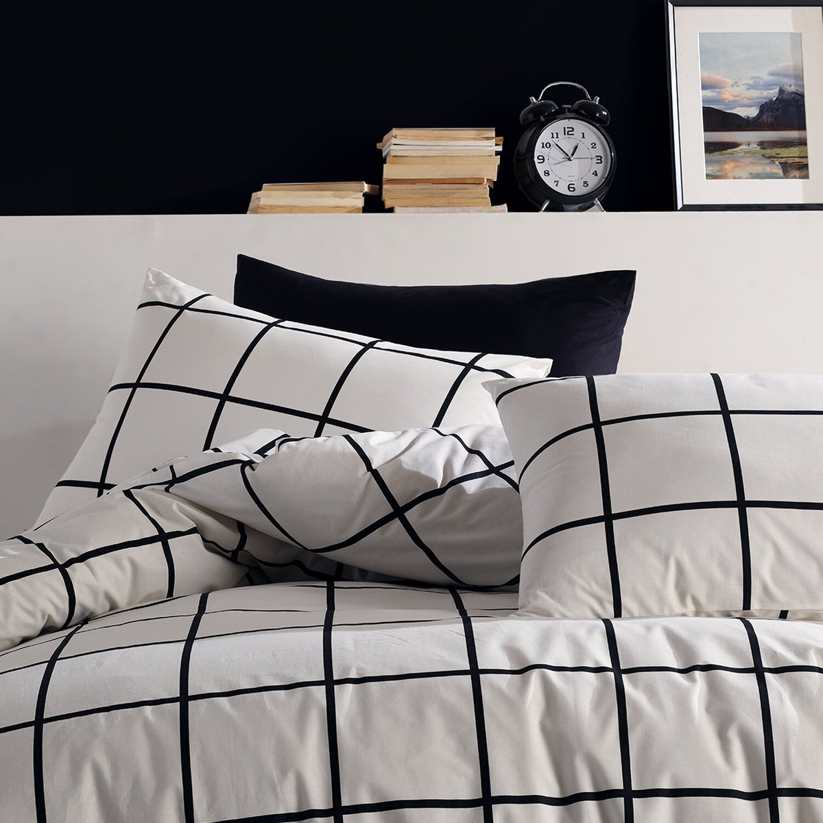 Parure Housse de couette 3 pcs 240x220 cm 100% coton 57 fils imprimé."Carreaux noir" blanc / noir, C DESIGN HOME TEXTILE