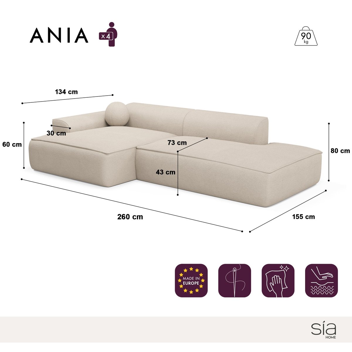Canapé angle gauche 4 places en velours ANIA crème, SIA HOME