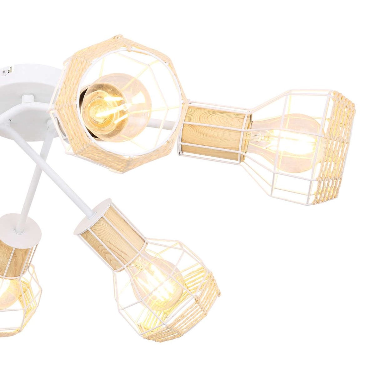 Plafonnier rond 6 spots en métal et bois avec corde BANA blanc, GLOBO LIGHTING