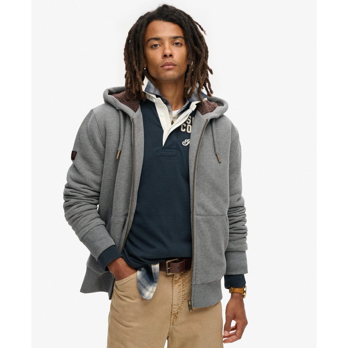Sweat à capuche zippé et doublé en peau lainée gris anthracite chiné, SUPERDRY