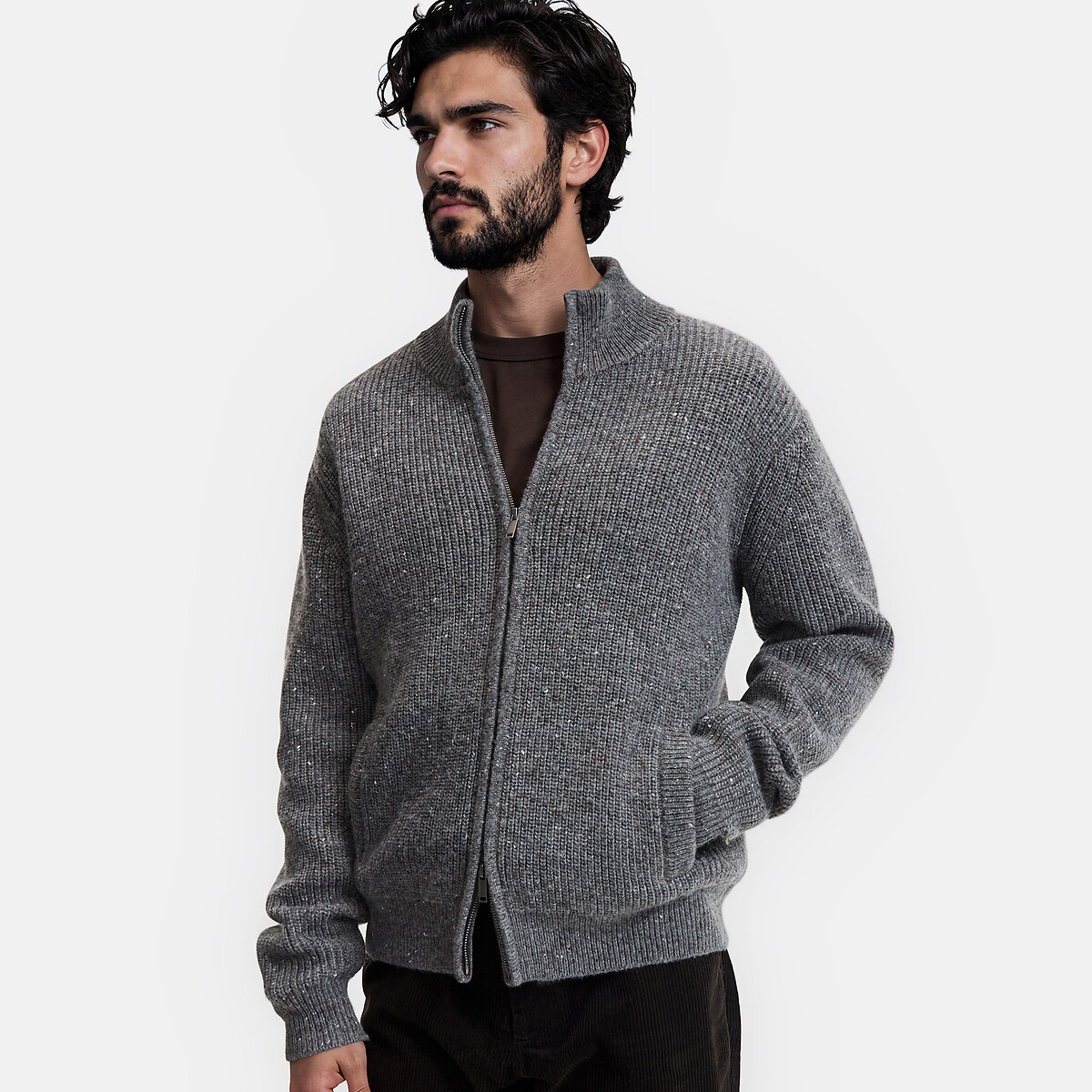 Gilet zippé, col montant, en laine mélangée gris chiné, LA REDOUTE COLLECTIONS