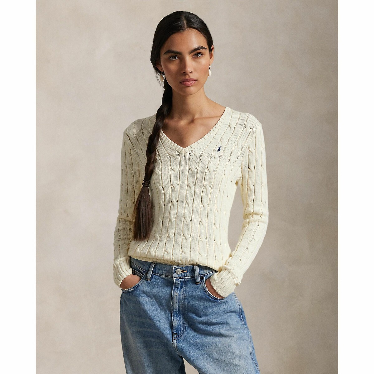 Pull col V manches longues torsadé, KIMBERLY crème, POLO RALPH LAUREN