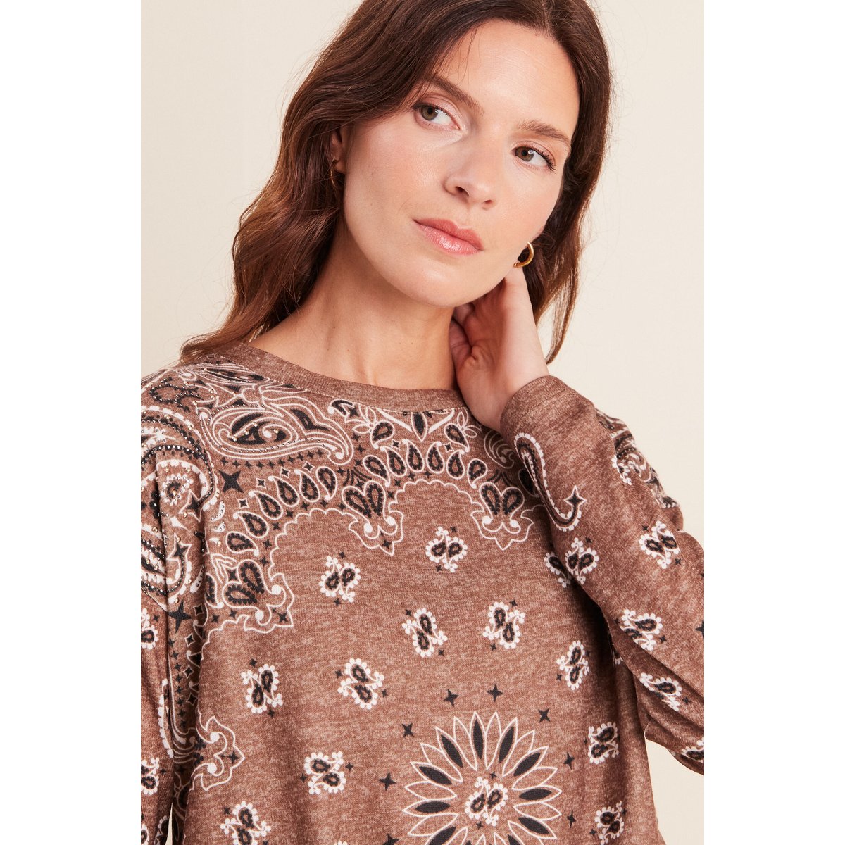 Pull col rond manches longues strass marron, BREAL