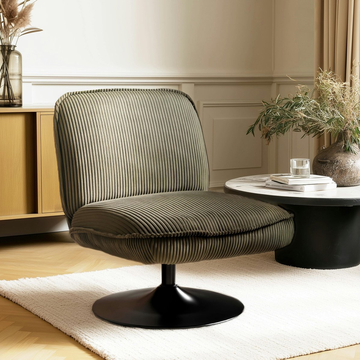 Fauteuil pivotant en tissu velours côtelé vert CASTILLE vert, PIER IMPORT