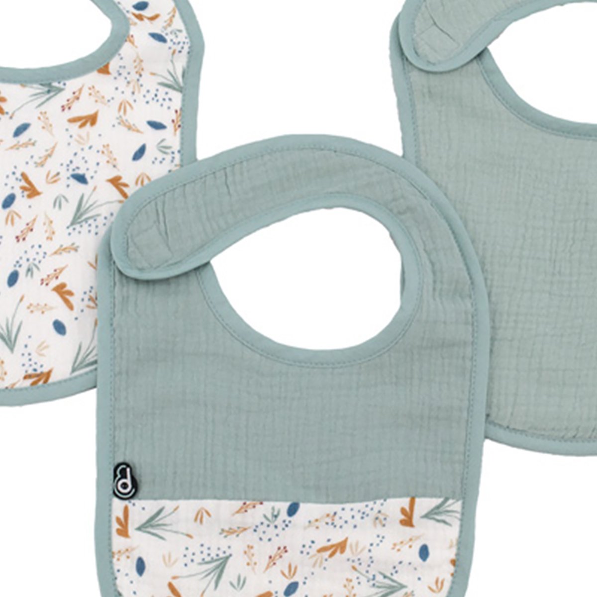 Lot de 3 bavoirs bébé en mousseline motif végétal céladon, DOMIVA