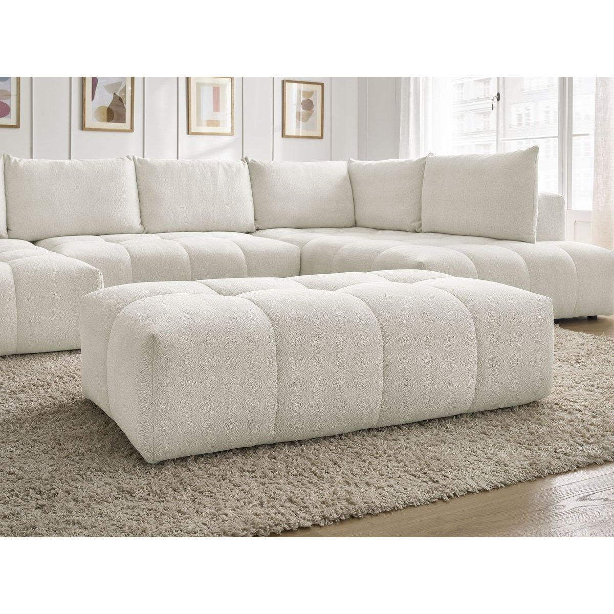 Canapé panoramique convertible 7 places en tissu chiné avec pouf, EVEREST blanc, BOBOCHIC