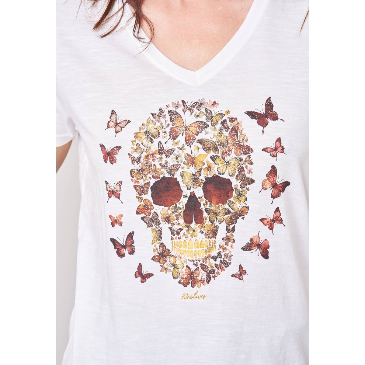 T-shirt femme en 100% coton avec imprimé tête de mort florale BESKULL off white, DEELUXE