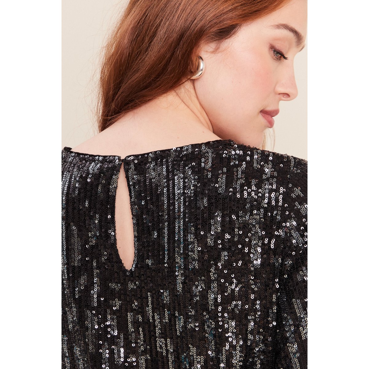 Blouse col v manches 3/4 à sequins gris foncé, BREAL