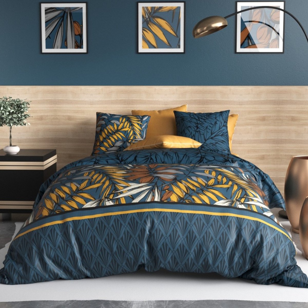 Housse de couette 240x220 SALVA + 2 taies coton 57 fils bleu, DECORATIE