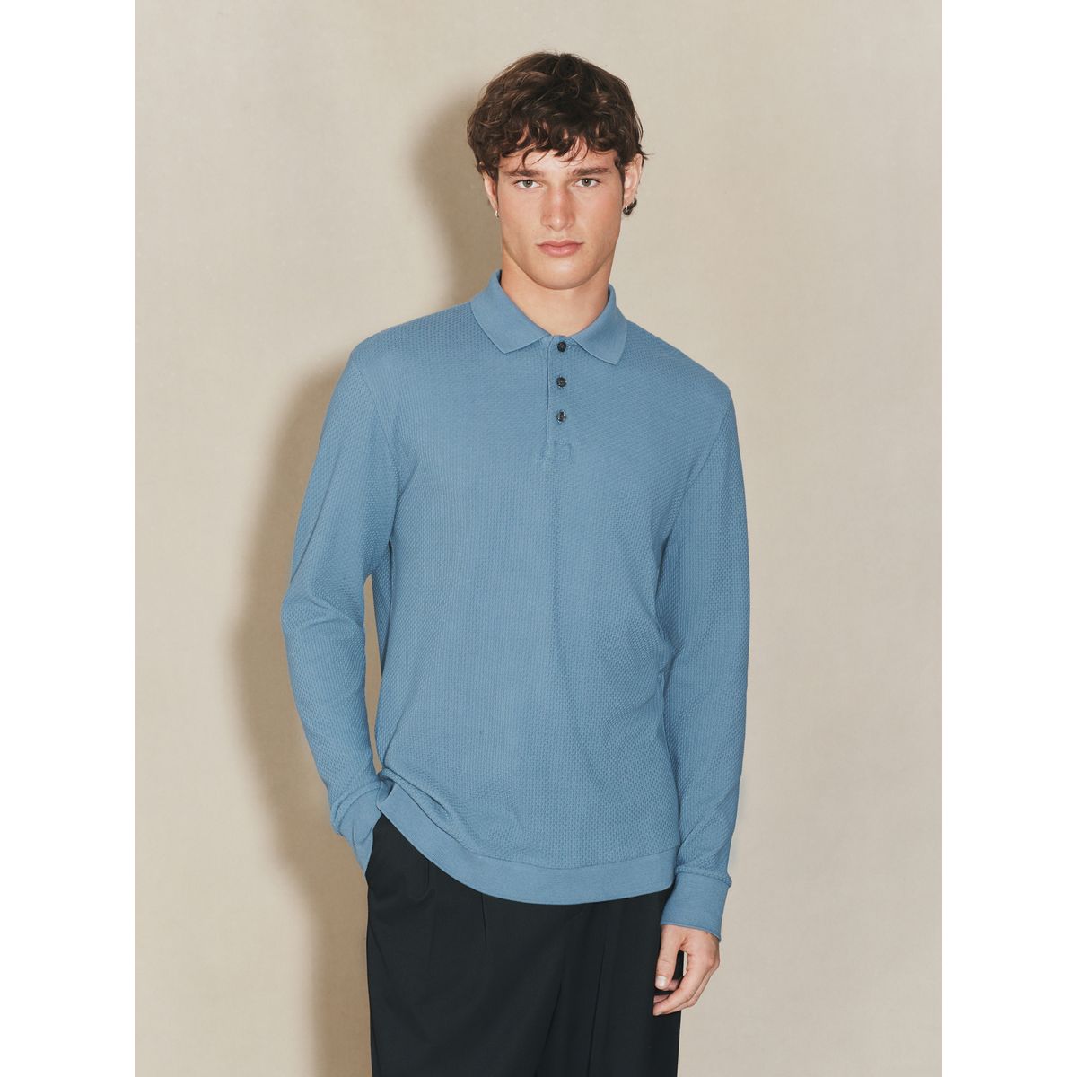 Polo texturé à manches longues edit bleu, NEXT
