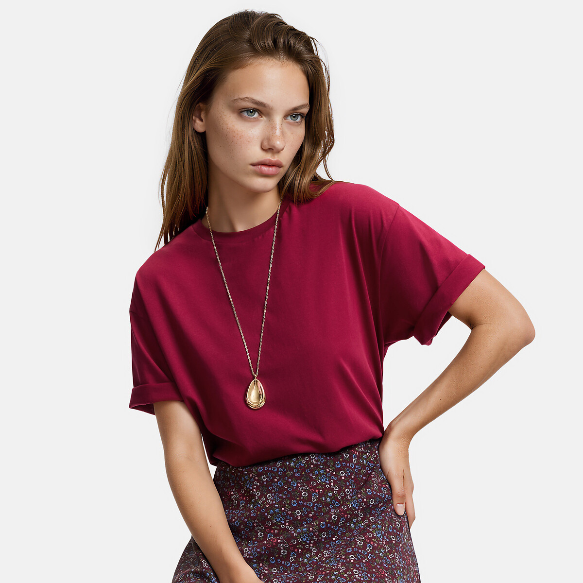 Camiseta amplia de cuello redondo y manga corta rojo burdeos, LA REDOUTE COLLECTIONS