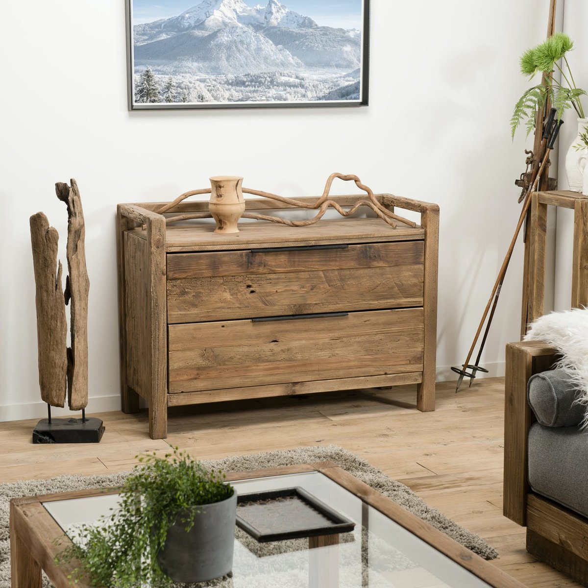 Commode 2 tiroirs bois recyclé déco campagne DENVER bois naturel, PIER IMPORT